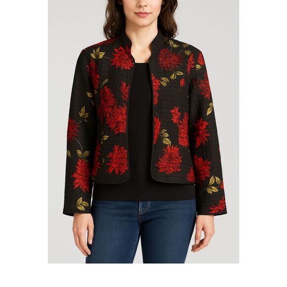 NEXX Women’s Jacket XL Black Red Floral Silk Linen Blend Open Front Quilted - Picture 11 of 11